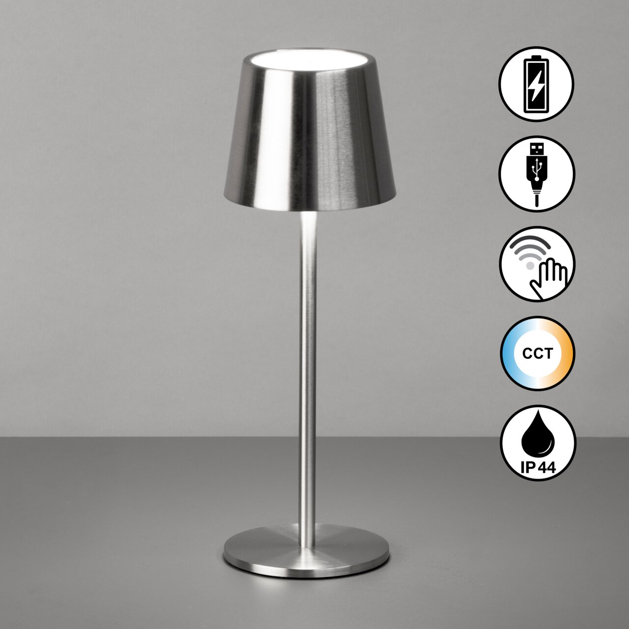 Moderne Akku-Tischleuchte ROXI aus Metall in seitlicher Perspektive mit Touch-Bedienung, USB-Anschluss und CCT-Funktion.