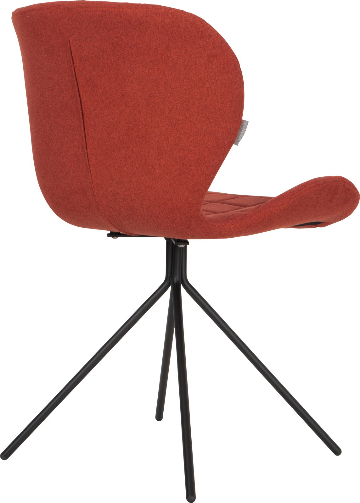 Moderner roter Stuhl mit schwarzem Metallgestell, Seitenansicht