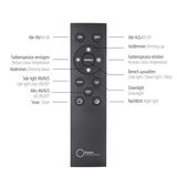 Fernbedienung für Deckenleuchte PURE-LINES mit verschiedenen Tasten zur Steuerung von Lichtfunktionen, frontal abgebildet.