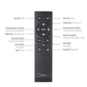 Fernbedienung für Deckenleuchte PURE-LINES mit verschiedenen Tasten zur Steuerung von Lichtfunktionen, frontal abgebildet.