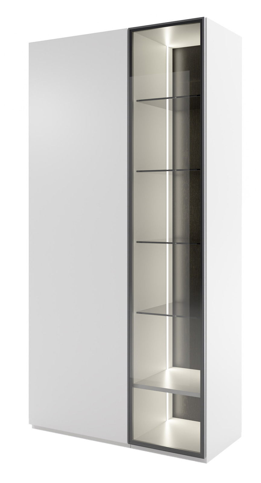 Große Vitrinenkombination mit weißem Korpus und Glasfront, seitliche Perspektive