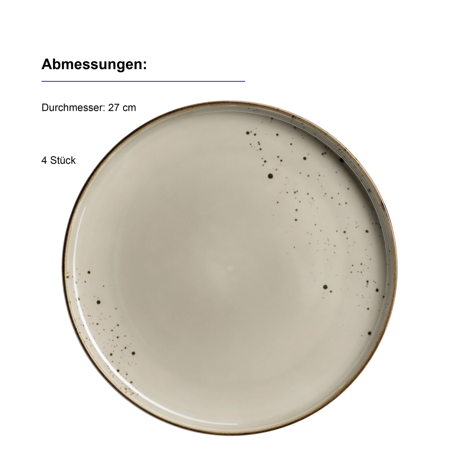 Runder, beigefarbener Speiseteller mit braunem Rand und feinen Sprenkeln, Durchmesser 27 cm, in Draufsicht vor weißem Hintergrund (Set mit 4 Stück)