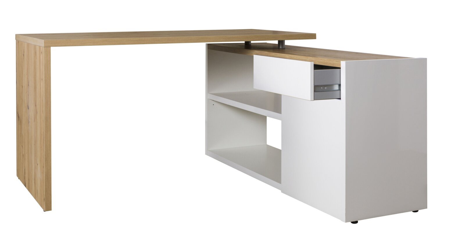 Modern hoekbureau met houten en witte elementen, zijaanzicht