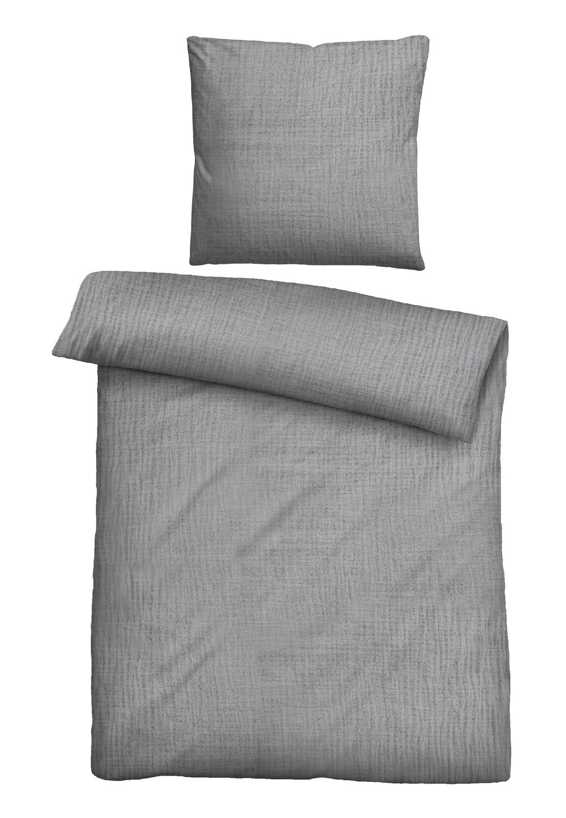 Biberna Bettwäsche MUSSELIN Graue Biberna Bettwäsche aus Musselin, bestehend aus einem Kissenbezug und einem Bettdeckenbezug, in Draufsicht.