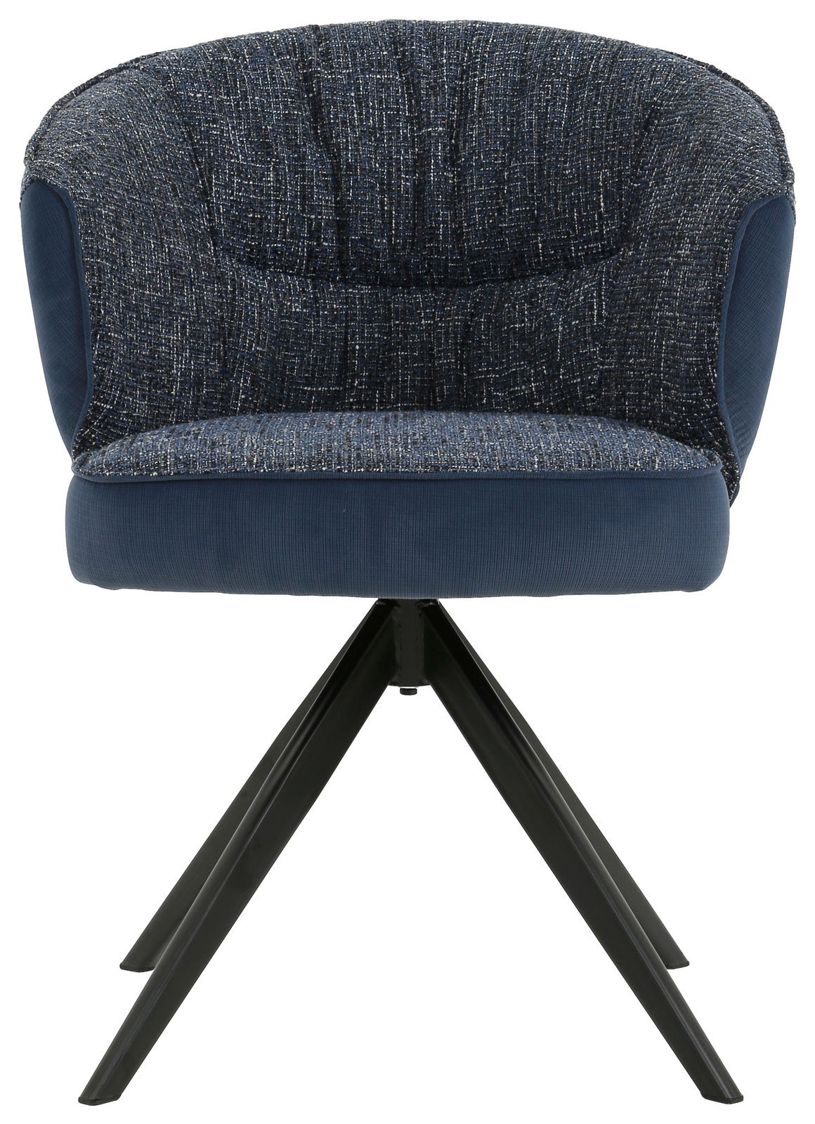 Vorderansicht eines modernen Armlehnstuhls mit blauem Stoffbezug und schwarzen Metallbeinen.