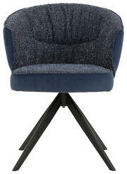 Vorderansicht eines modernen Armlehnstuhls mit blauem Stoffbezug und schwarzen Metallbeinen.