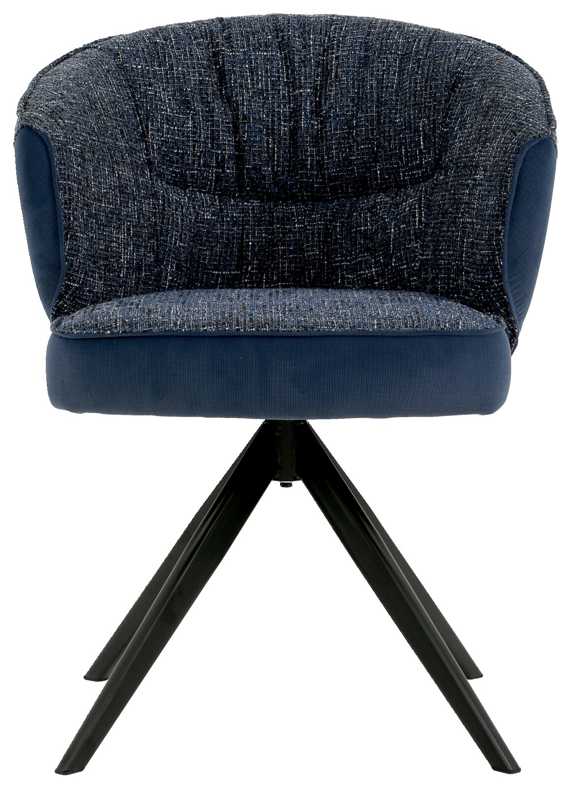 Vooraanzicht van een moderne fauteuil met blauwe stoffen bekleding en zwarte metalen poten.