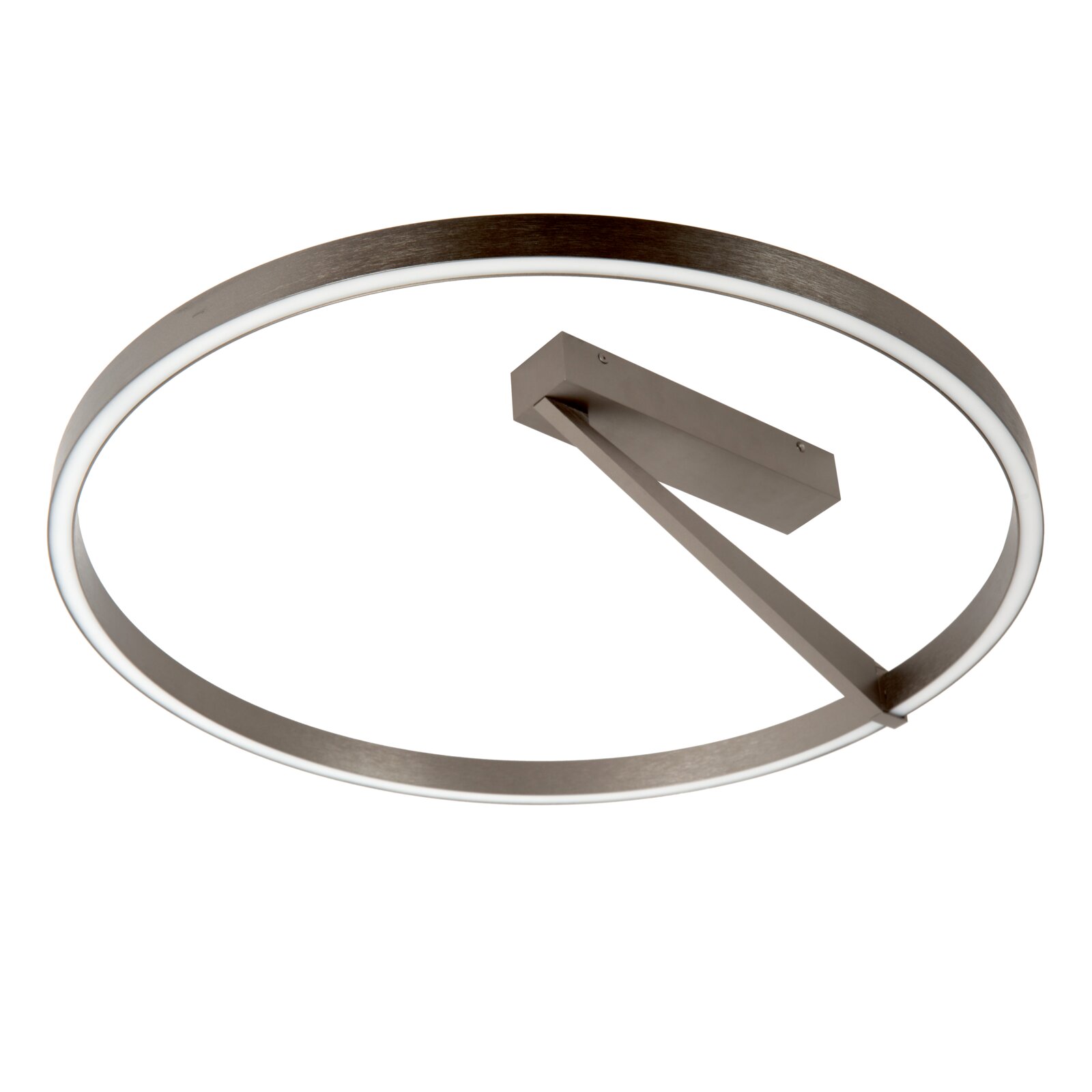Moderne runde LED-Deckenleuchte mit ringförmigem Lichtband in gebürsteter Metalloptik, schräg von unten fotografiert