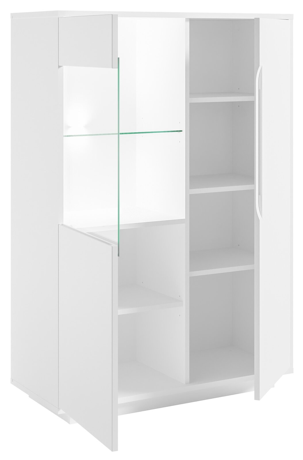 Weißes Highboard mit offenen und geschlossenen Fächern, teilweise mit Glastüren, aus einer leicht seitlichen Perspektive.