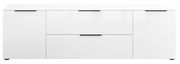 Weißes TV-Lowboard mit zwei Türen und zwei Schubladen, frontale Ansicht