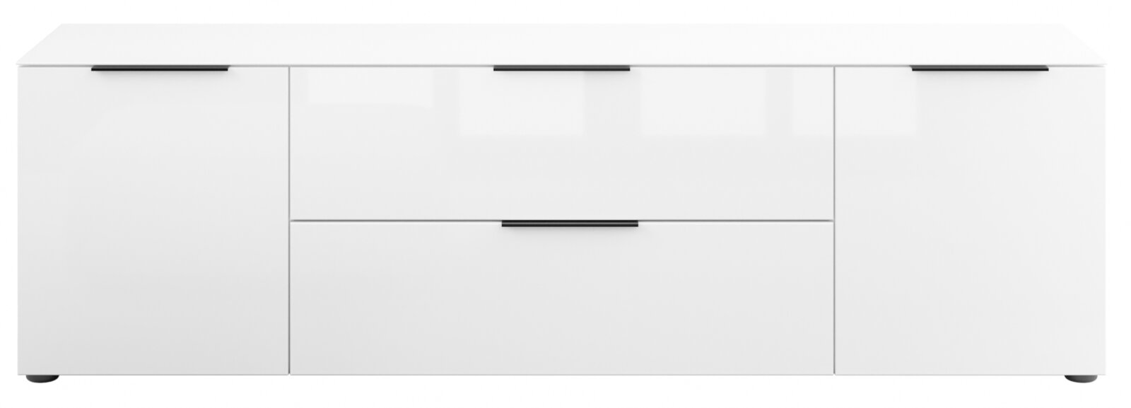 Weißes TV-Lowboard mit zwei Türen und zwei Schubladen, frontale Ansicht