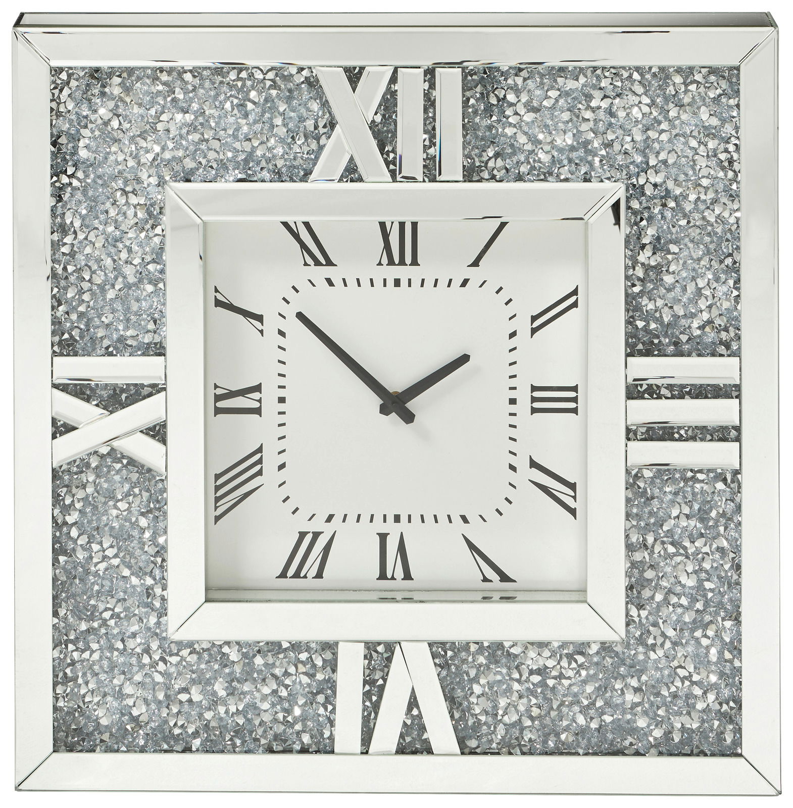 Quadratische Wanduhr mit silbernem Rahmen und römischen Ziffern, frontal abgebildet