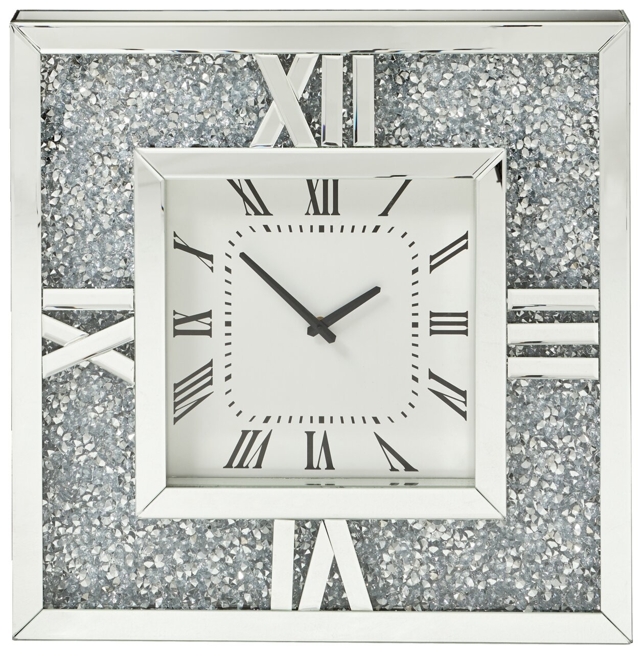 Quadratische Wanduhr mit silbernem Rahmen und römischen Ziffern, frontal abgebildet