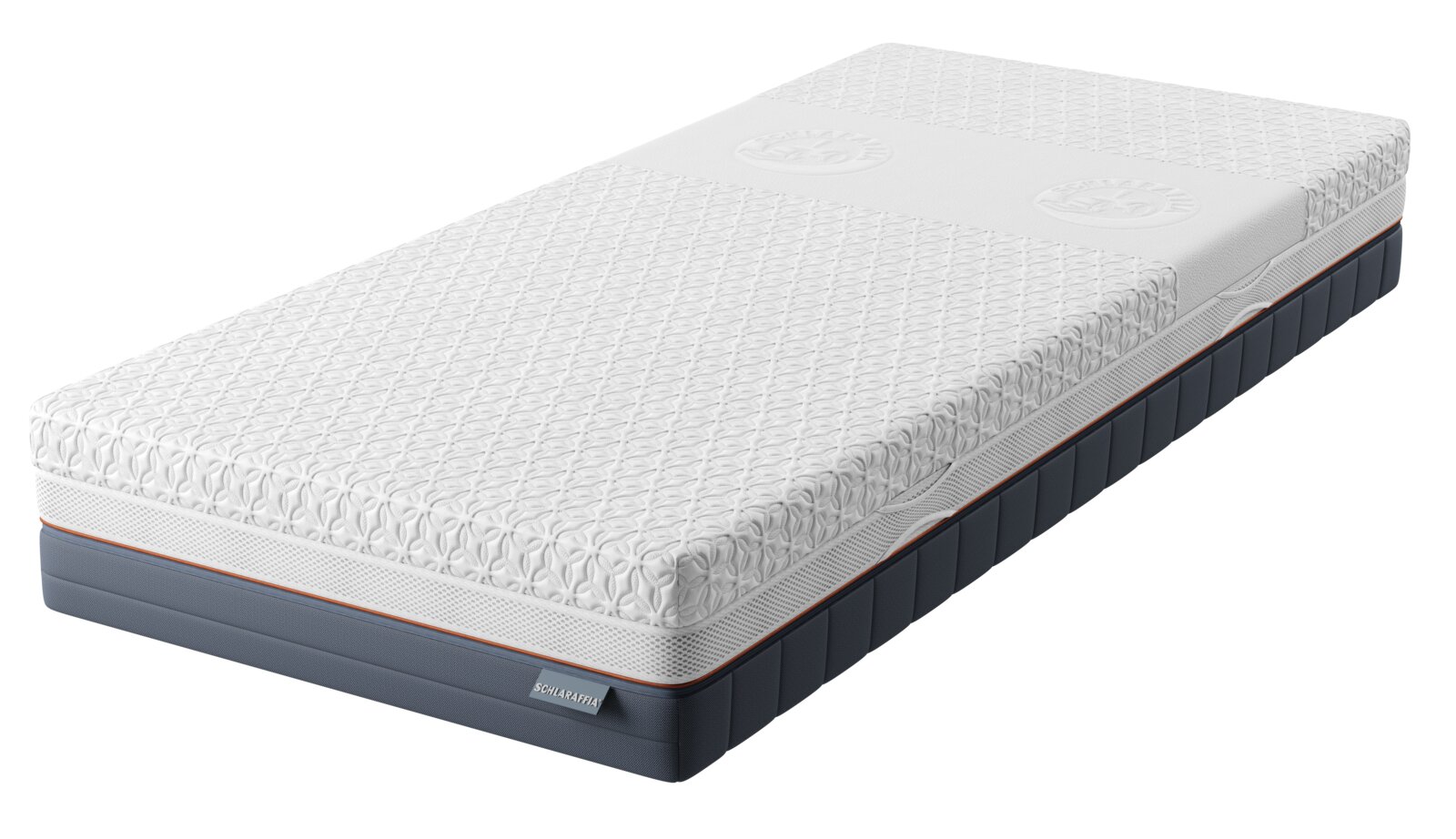 Luxe wit matras met decoratief reliëf, ademende zijrand en donkergrijze basis met oranje accent, schuin van voren en bovenaf gezien