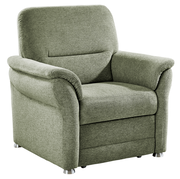 Grüner Sessel mit weichem Stoffbezug, abgerundeten Armlehnen und silbernen Füßen, Vorderansicht