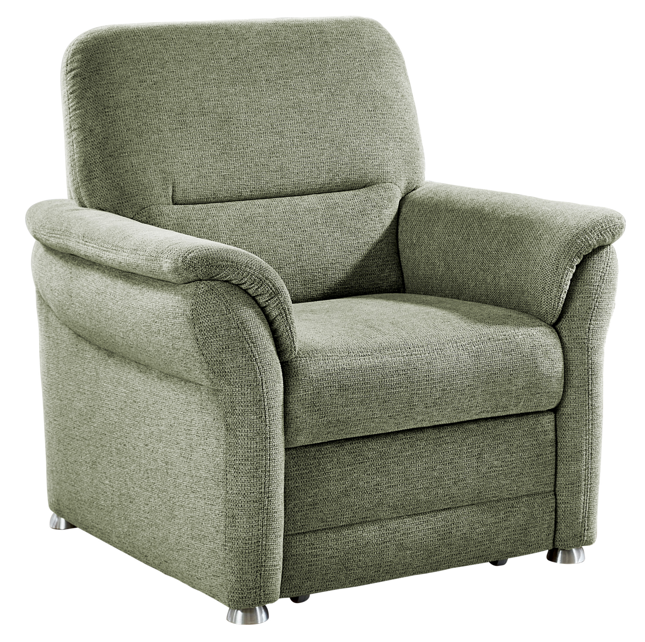 Grüner Sessel mit weichem Stoffbezug, abgerundeten Armlehnen und silbernen Füßen, Vorderansicht