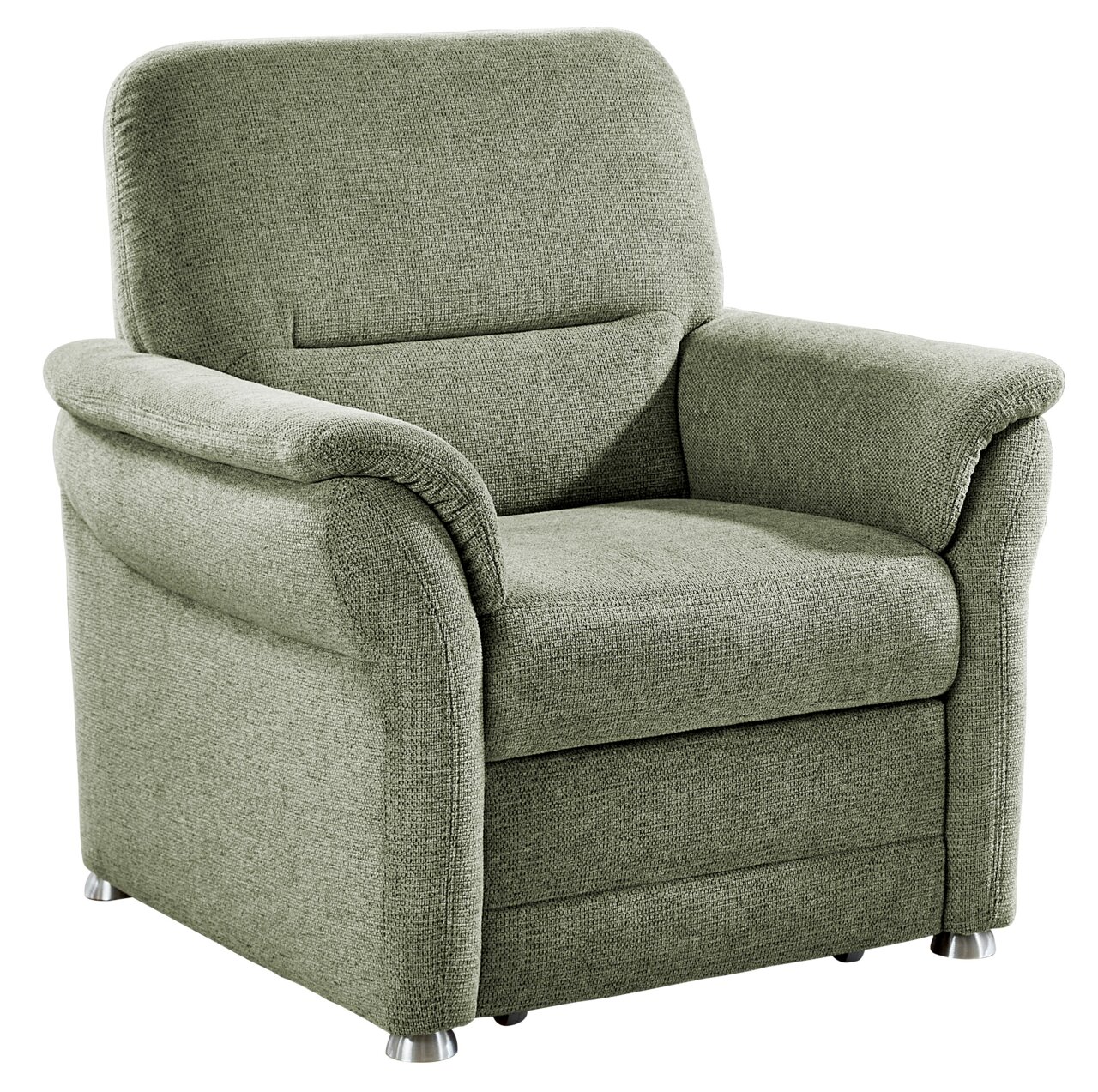 Groene fauteuil met zachte stoffen bekleding, afgeronde armleuningen en zilveren poten, vooraanzicht