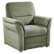 Groene fauteuil met zachte stoffen bekleding, afgeronde armleuningen en zilveren poten, vooraanzicht
