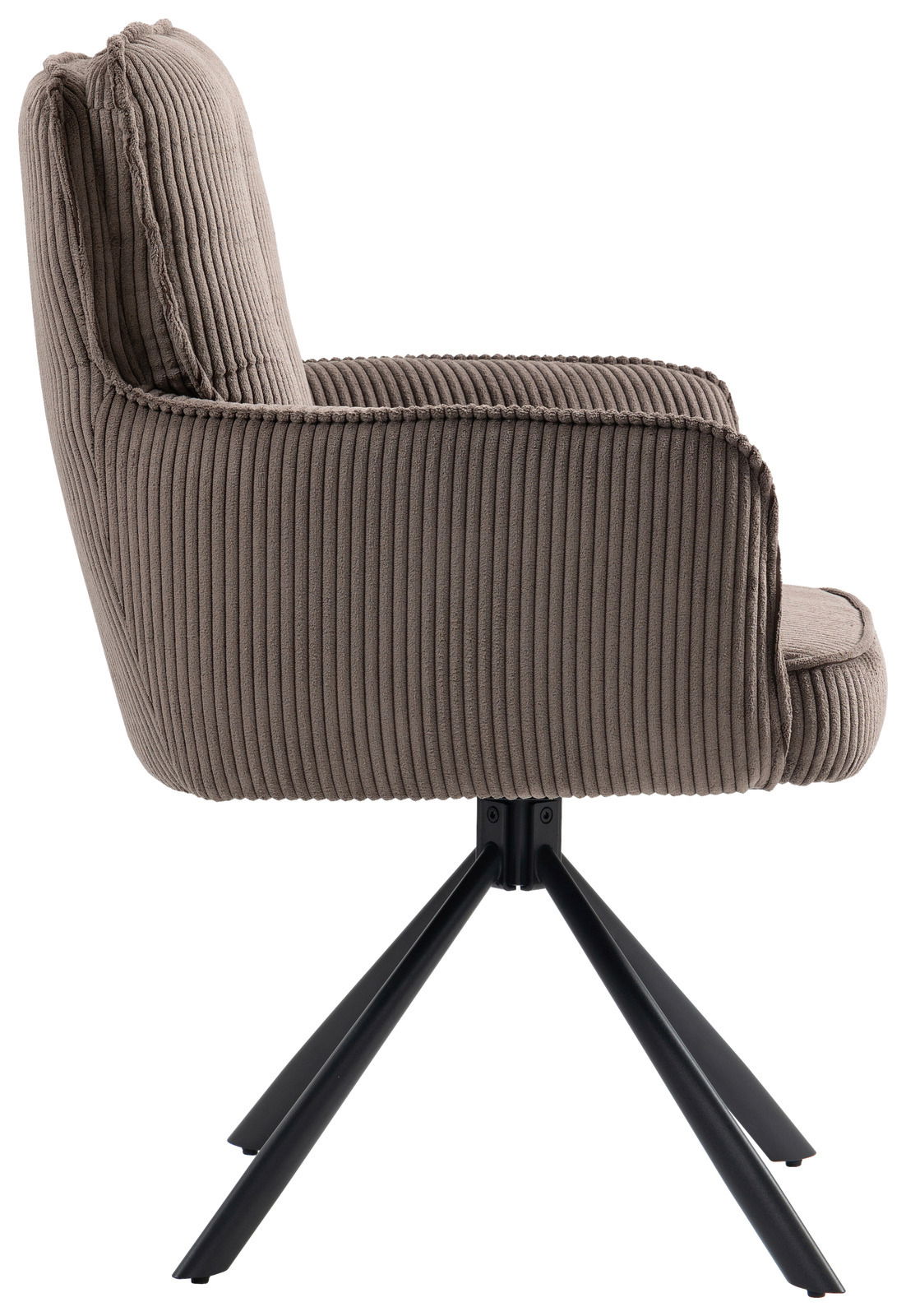 Landscape Sessel ASHER Seitenansicht eines Sessels mit geripptem Stoffbezug und schwarzen Metallbeinen.