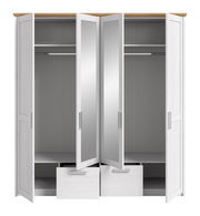 Weißer Kleiderschrank mit Holzdeckplatte, vier geöffneten Türen (zwei mit Spiegel) und zwei ausgezogenen Schubladen, Innenraum mit Kleiderstangen und Ablagefächern, Frontansicht.