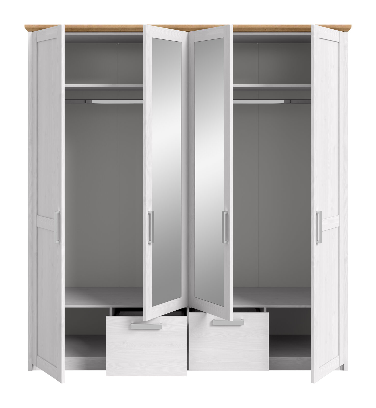 Weißer Kleiderschrank mit Holzdeckplatte, vier geöffneten Türen (zwei mit Spiegel) und zwei ausgezogenen Schubladen, Innenraum mit Kleiderstangen und Ablagefächern, Frontansicht.