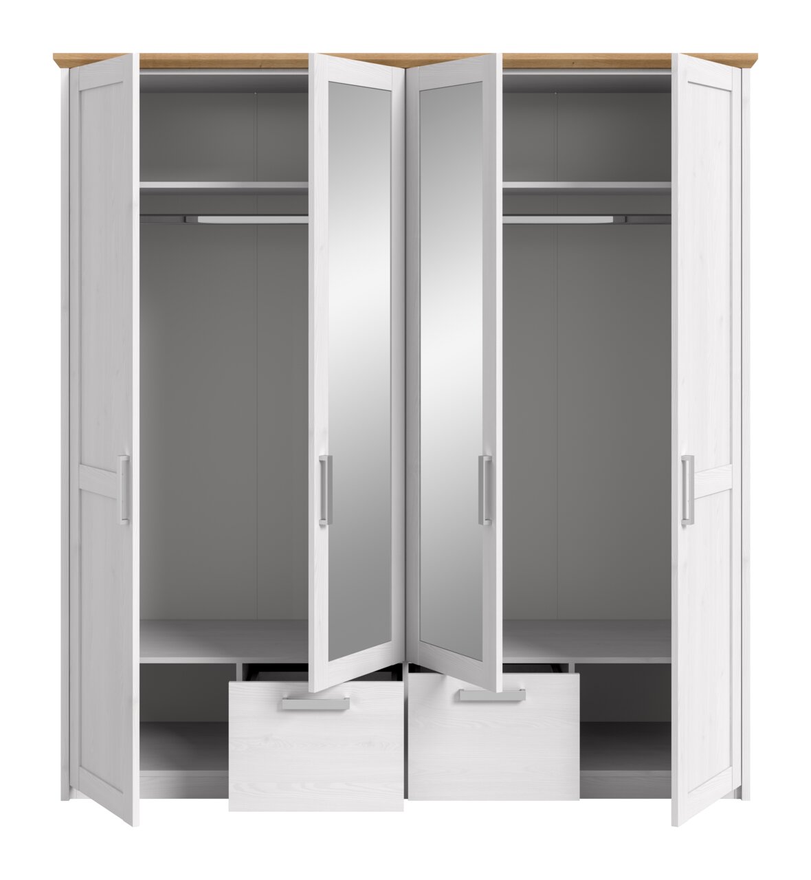 Weißer Kleiderschrank mit Holzdeckplatte, vier geöffneten Türen (zwei mit Spiegel) und zwei ausgezogenen Schubladen, Innenraum mit Kleiderstangen und Ablagefächern, Frontansicht.