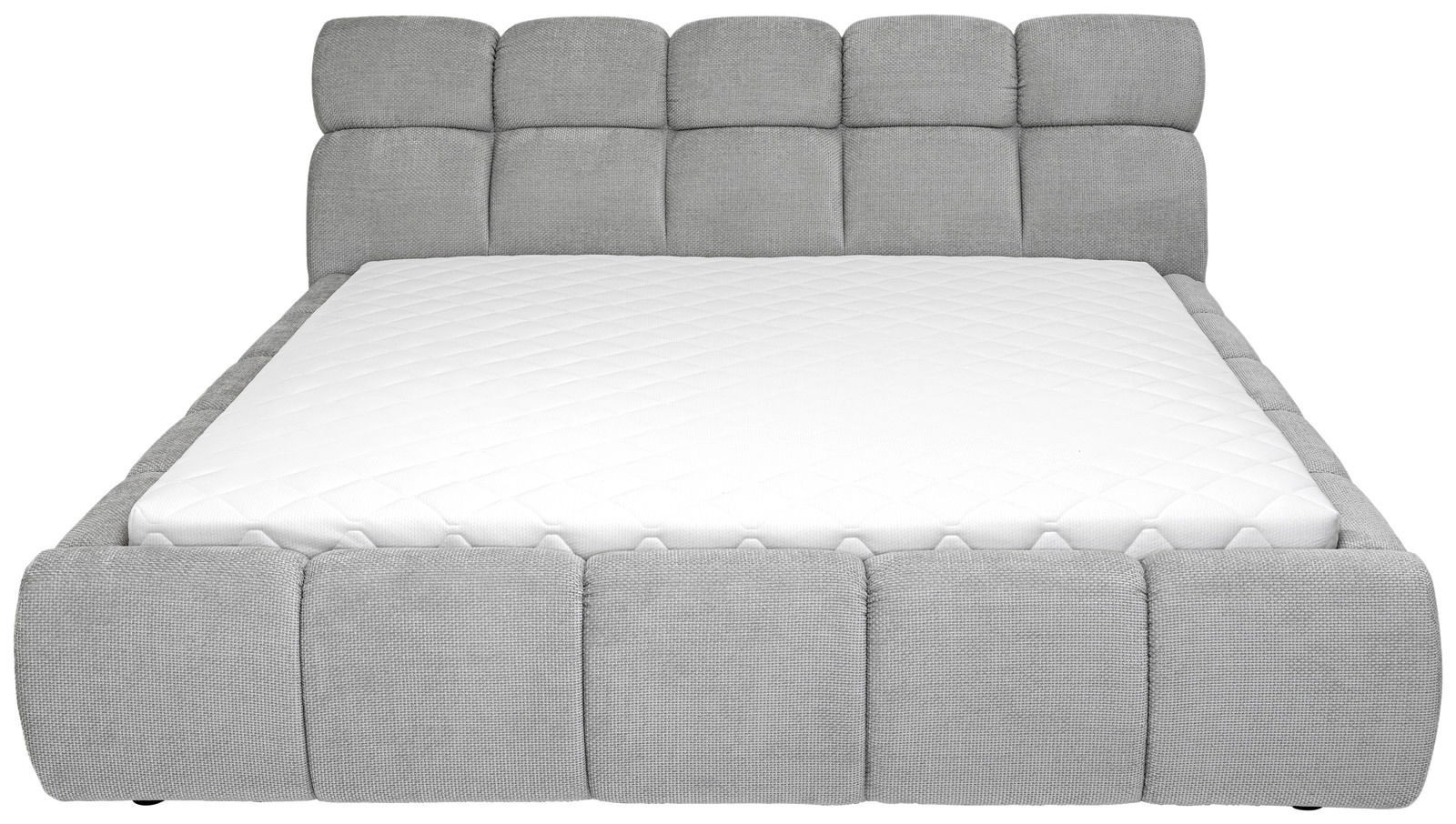 Graues Polsterbett mit gestepptem Kopfteil und weißer Matratze, Frontalansicht