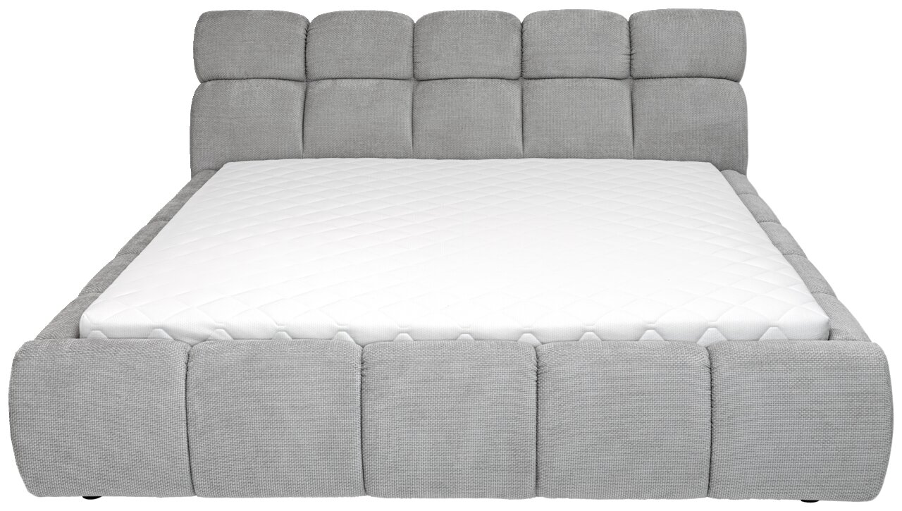 Graues Polsterbett mit gestepptem Kopfteil und weißer Matratze, Frontalansicht