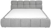 Graues Polsterbett mit gestepptem Kopfteil und weißer Matratze, Frontalansicht