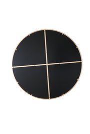 Rückansicht eines runden Spiegels mit einem Durchmesser von 96 cm, schwarzer Rückseite und goldfarbenem Rahmen.