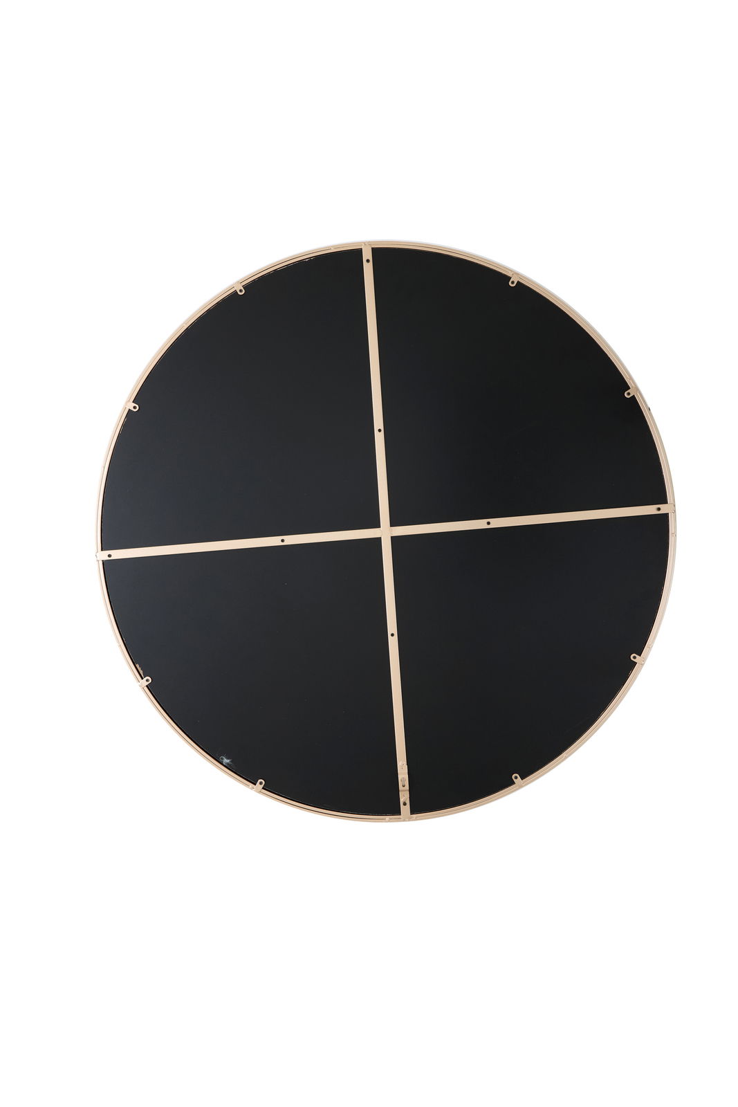 Rückansicht eines runden Spiegels mit einem Durchmesser von 96 cm, schwarzer Rückseite und goldfarbenem Rahmen.