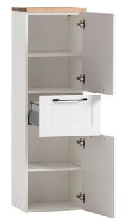 Weißer Midischrank mit Holztop, geöffnete Türen und Schublade, Frontalansicht