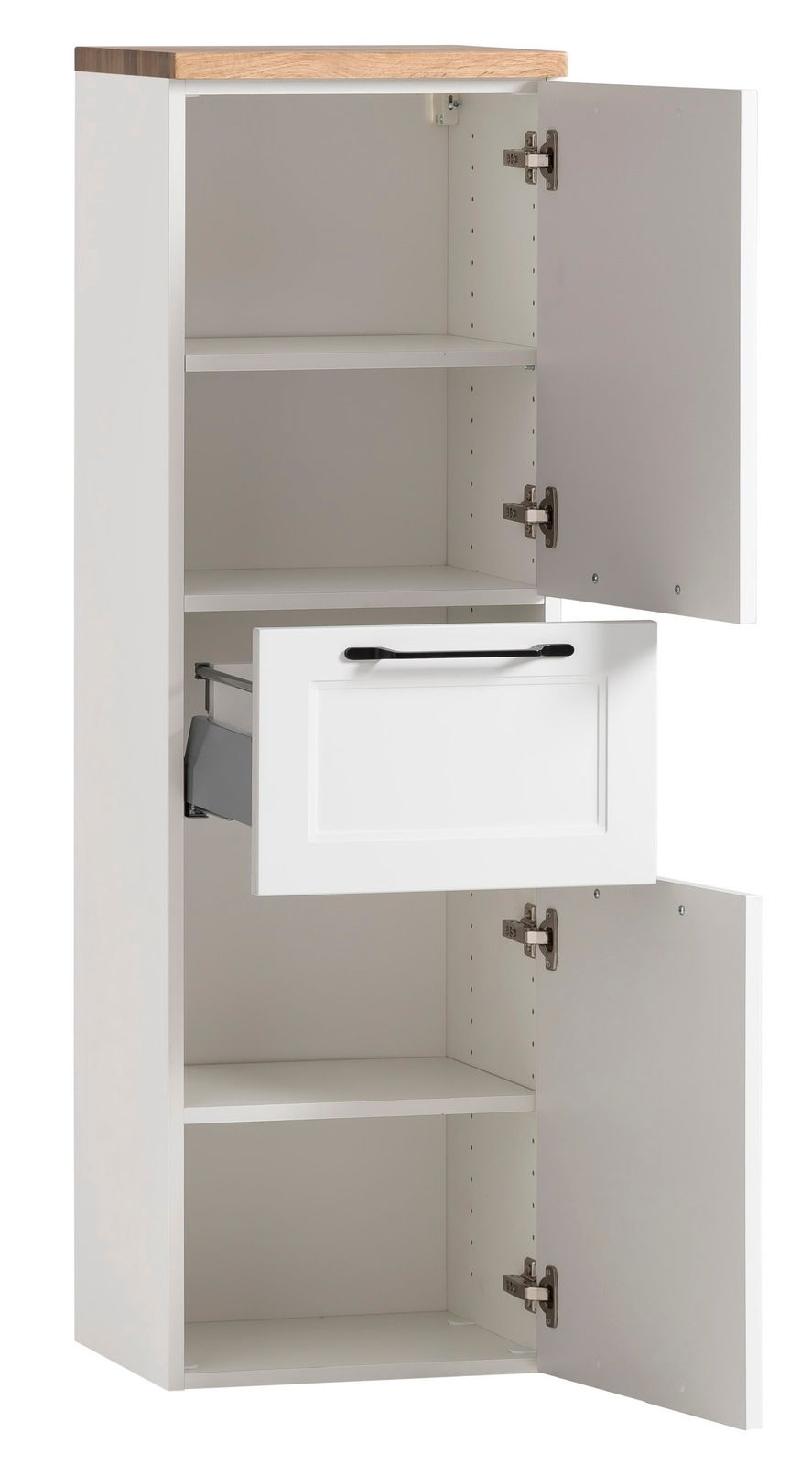 Weißer Midischrank mit Holztop, geöffnete Türen und Schublade, Frontalansicht