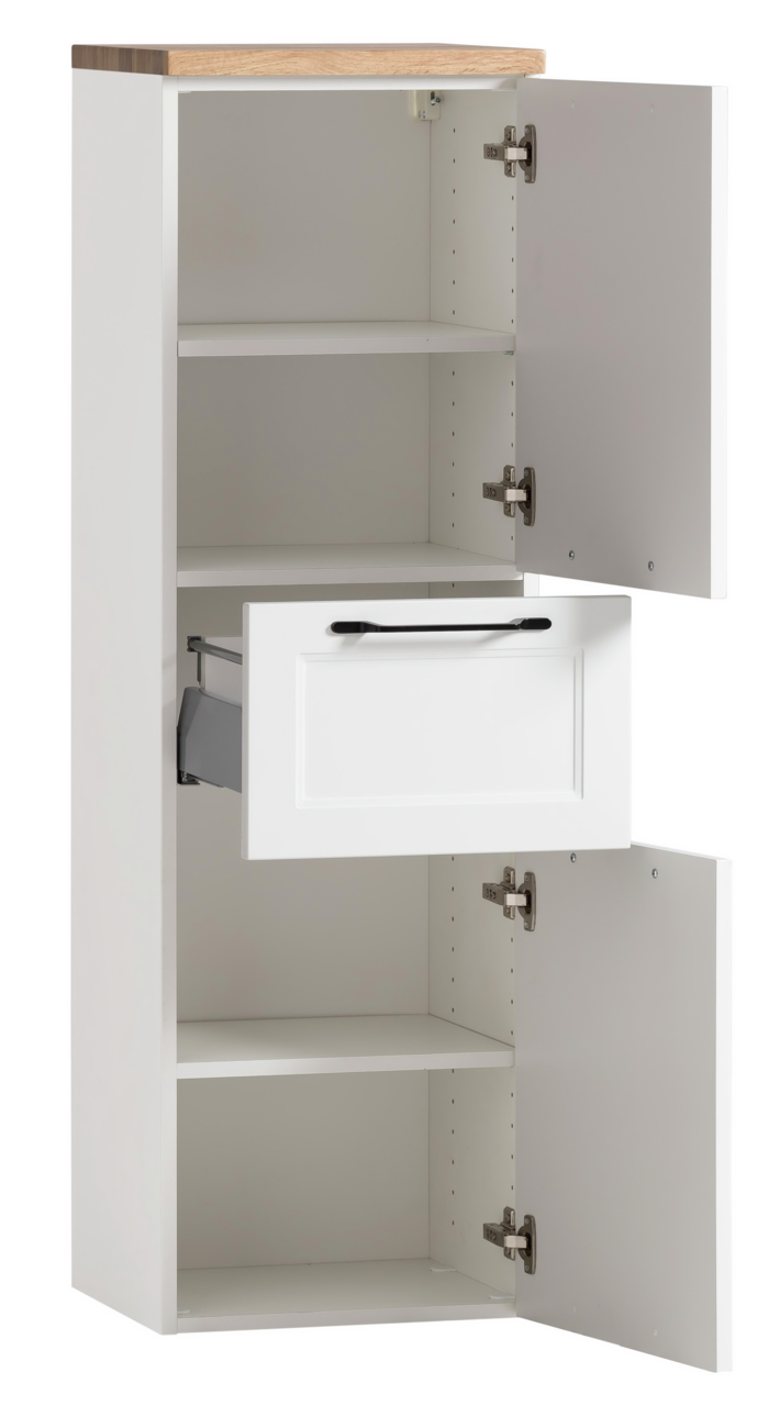 XORA Midischrank MERAN Weißer Midischrank mit Holztop, geöffnete Türen und Schublade, Frontalansicht