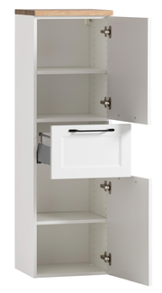 Weißer Midischrank mit Holztop, geöffnete Türen und Schublade, Frontalansicht