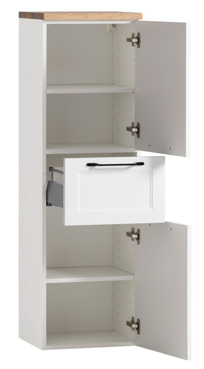Weißer Midischrank mit Holztop, geöffnete Türen und Schublade, Frontalansicht