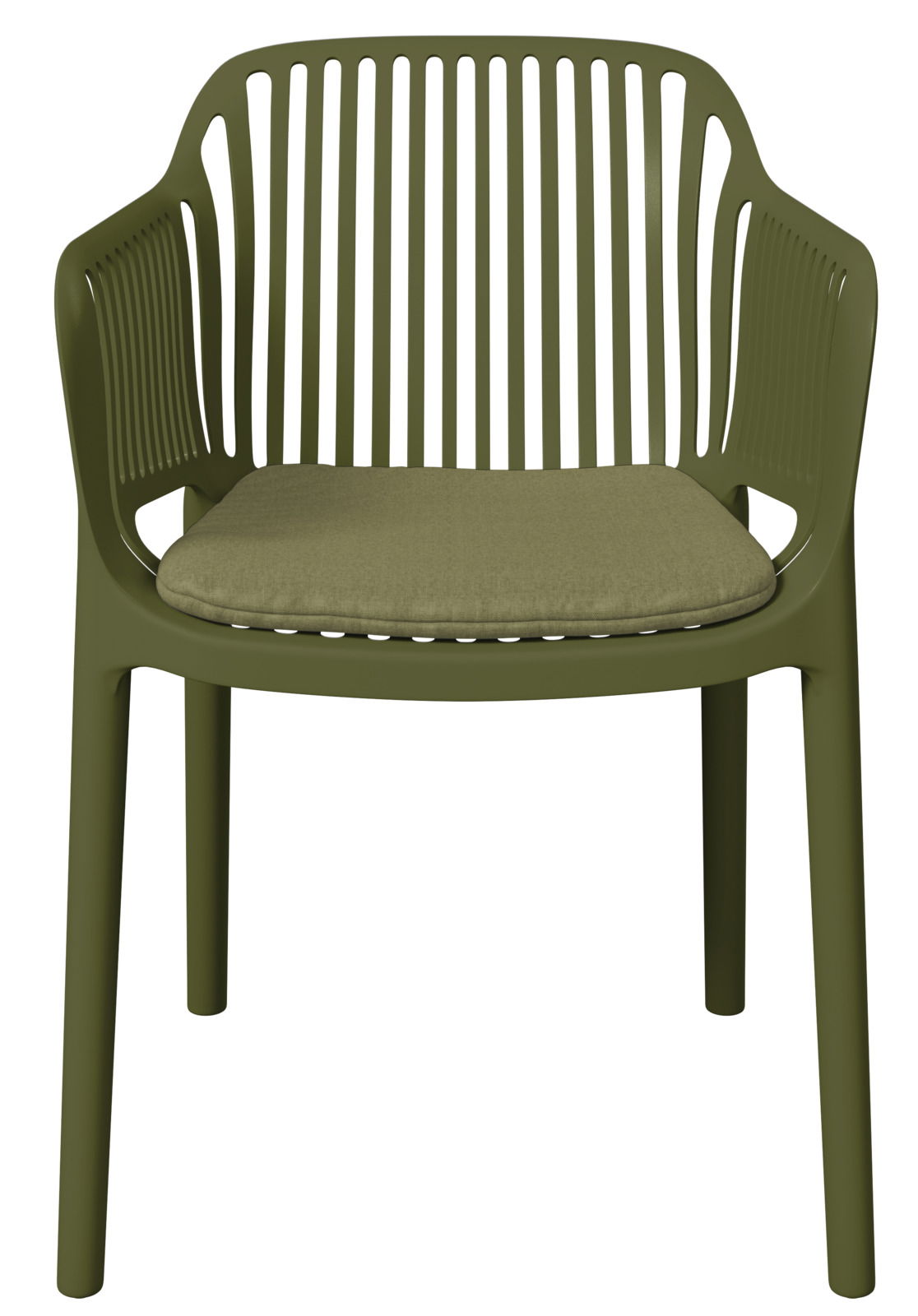 Grüner Stapelsessel mit Armlehnen und gepolstertem Sitzkissen, Vorderansicht