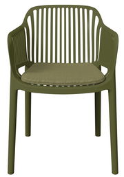 Grüner Stapelsessel mit Armlehnen und gepolstertem Sitzkissen, Vorderansicht