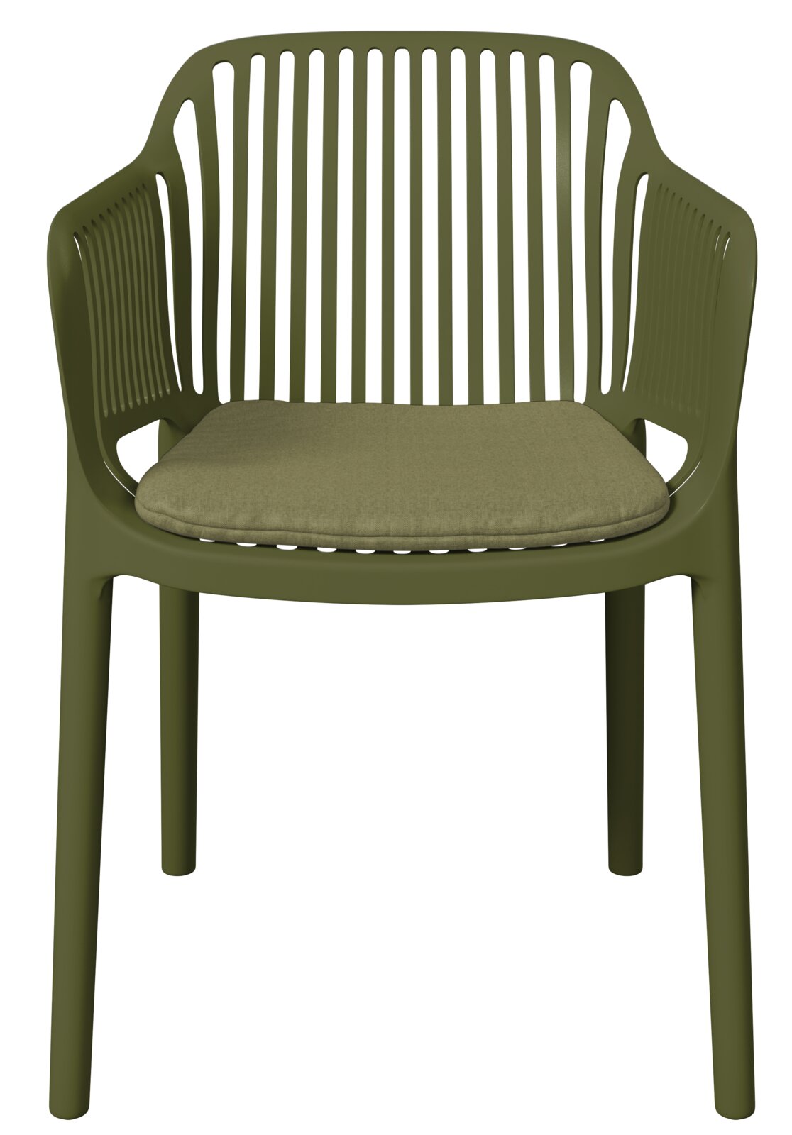 Grüner Stapelsessel mit Armlehnen und gepolstertem Sitzkissen, Vorderansicht