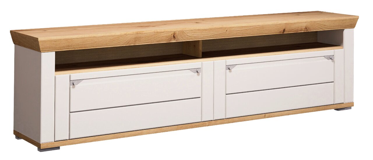 TV-Lowboard aus Holz mit zwei Schubladen und offenem Fach, seitliche Perspektive