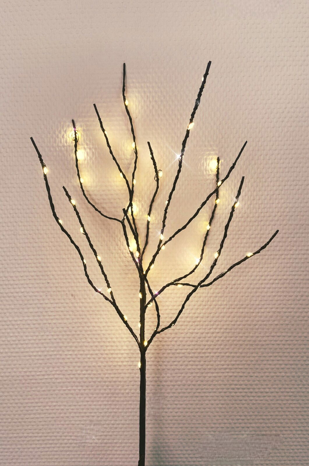 LED-Zweig mit warmweißen Lichtern, frontal fotografiert vor einer strukturierten Wand.
