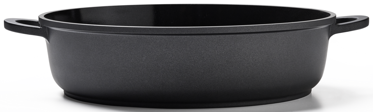 Alugussbräter mit einem Durchmesser von 28 cm, seitliche Perspektive