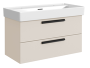 Waschtisch-Set mit zwei Schubladen und Platz für zwei Armaturen, seitliche Perspektive