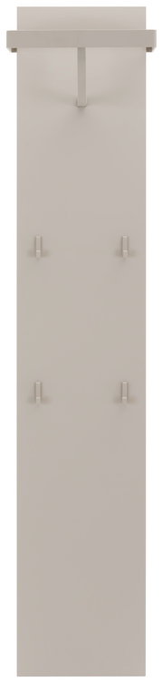 Frontale Ansicht eines modernen Garderoben-Sets mit mehreren Haken und einer Ablage oben, in neutralem Farbton.