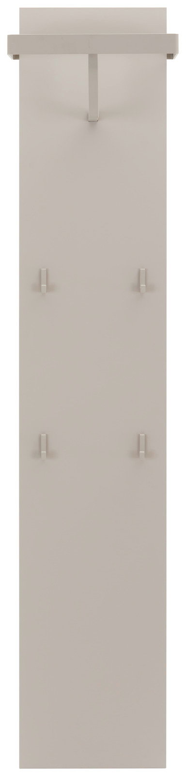 Frontale Ansicht eines modernen Garderoben-Sets mit mehreren Haken und einer Ablage oben, in neutralem Farbton.