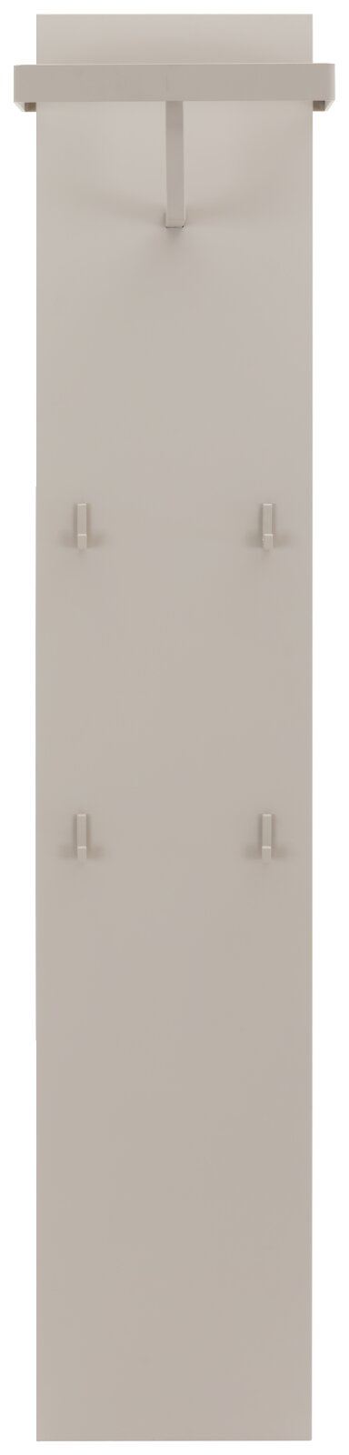 Vooraanzicht van een moderne kapstokset met meerdere haken en een plank bovenaan, in een neutrale kleur.