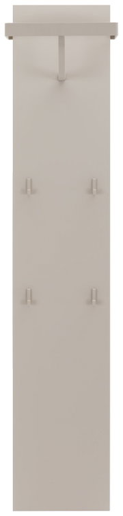 Vooraanzicht van een moderne kapstokset met meerdere haken en een plank bovenaan, in een neutrale kleur.