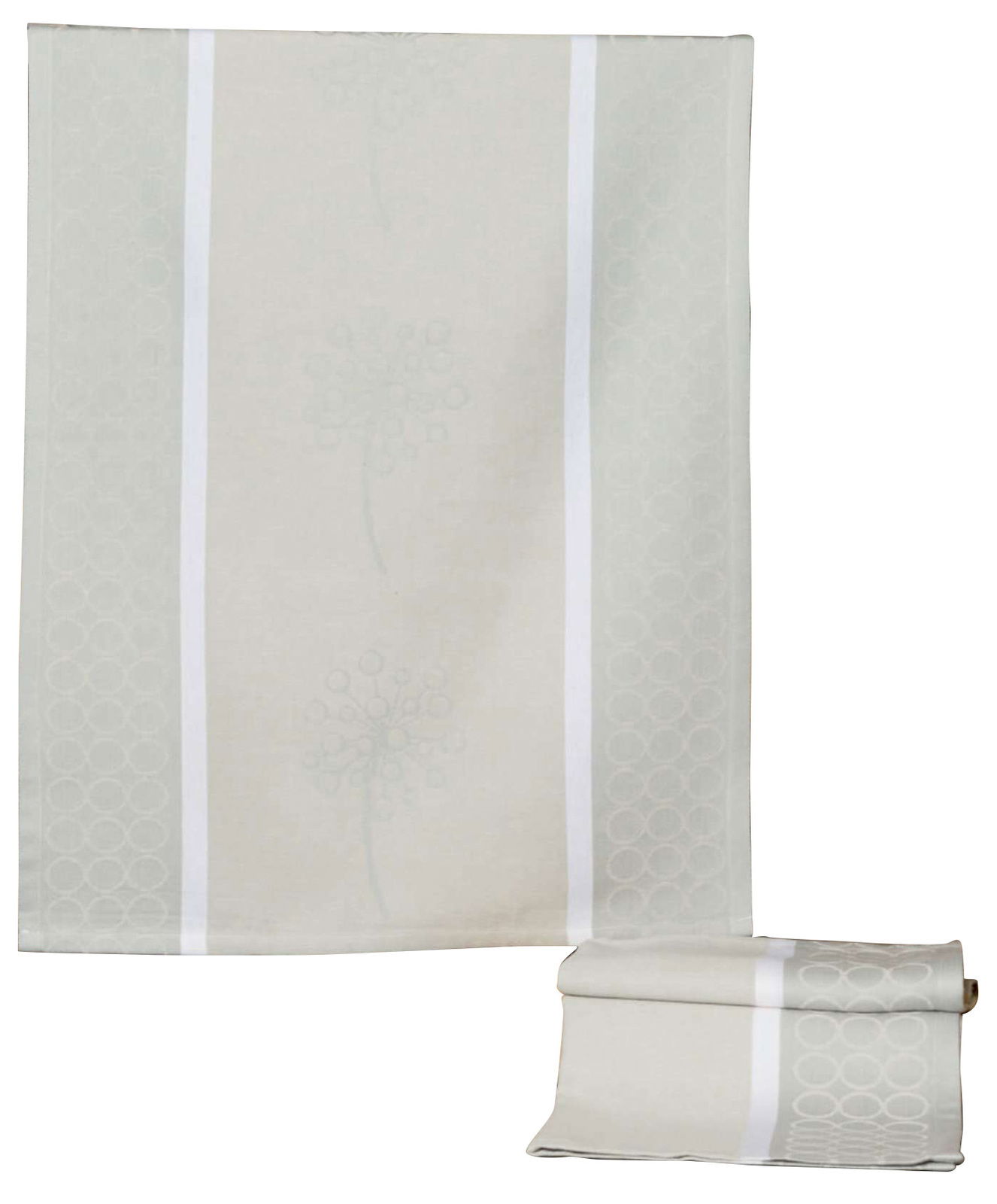 Beige Geschirrtuch mit dezentem Muster, frontal und gefaltet dargestellt