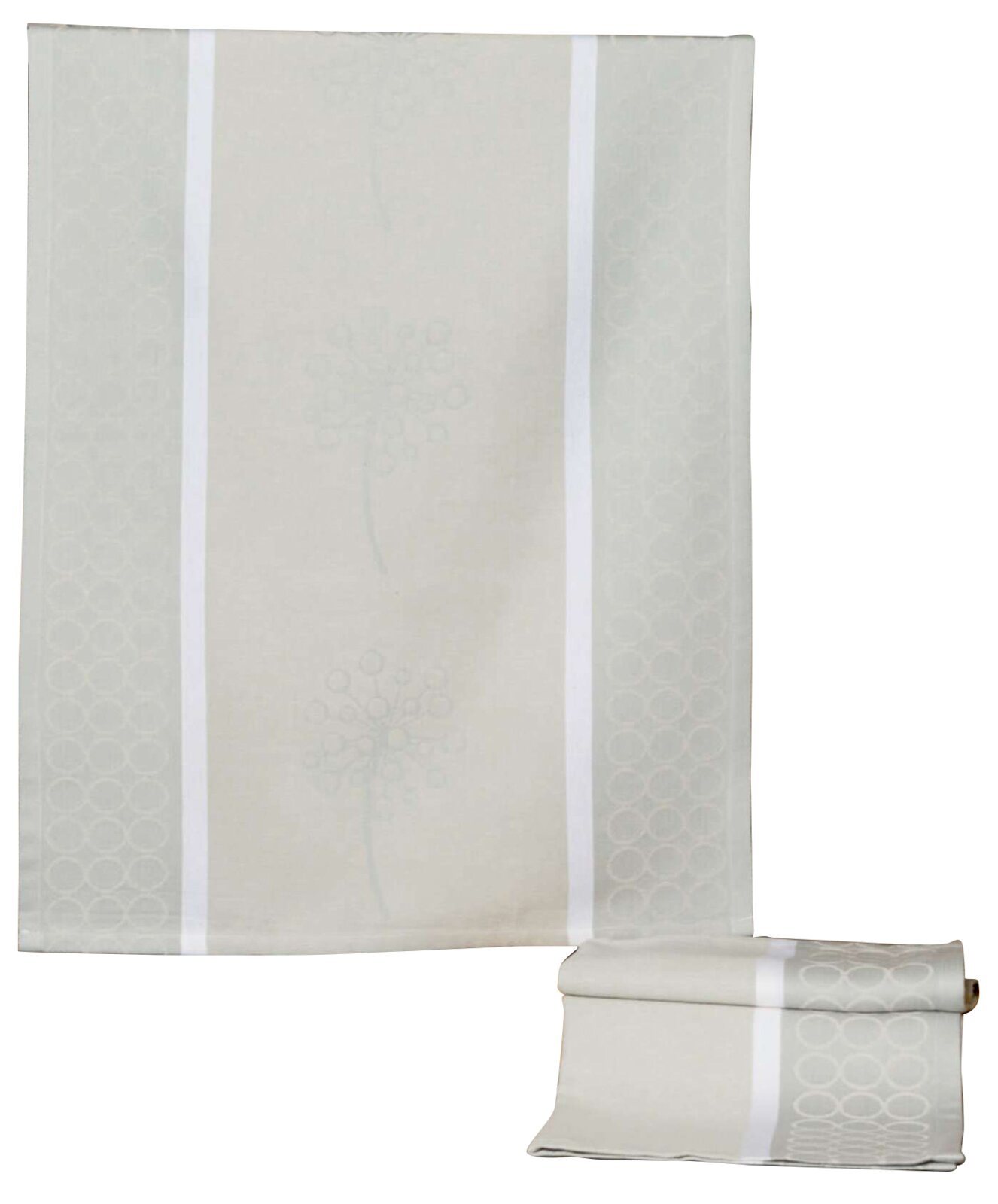 Beige theedoek met subtiel patroon, afgebeeld van voren en opgevouwen