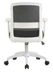 Rückansicht eines modernen Drehstuhls mit weißem Rahmen und schwarzer Netzrückenlehne.